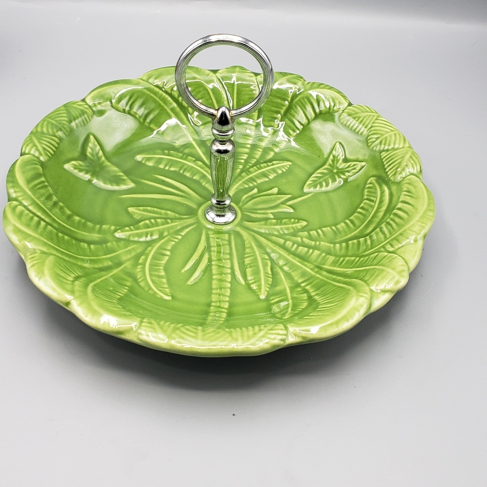 Vintage California pottery green leaf Tidbit tray